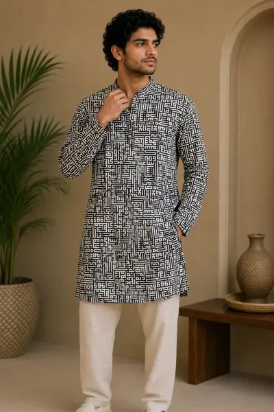 Black & White Maze Geometric Print Blended Linen Kurta