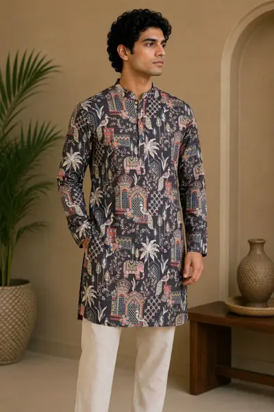 Charcoal Grey Heritage Mughal Print Blended Linen Kurta
