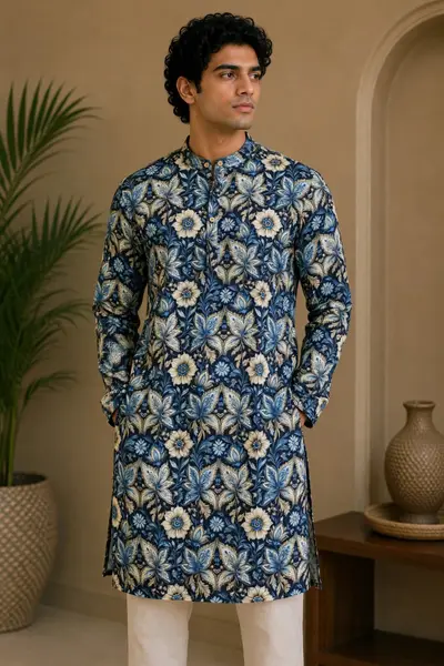 Cream & Blue Ornate Paisley Print Blended Linen Kurta