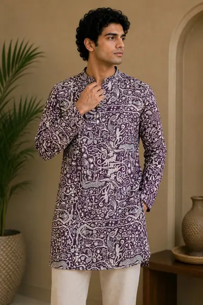 Plum Purple Wildlife Toile Print Blended Linen Kurta