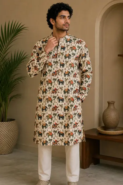 Beige Elephant Print Blended Linen Kurta