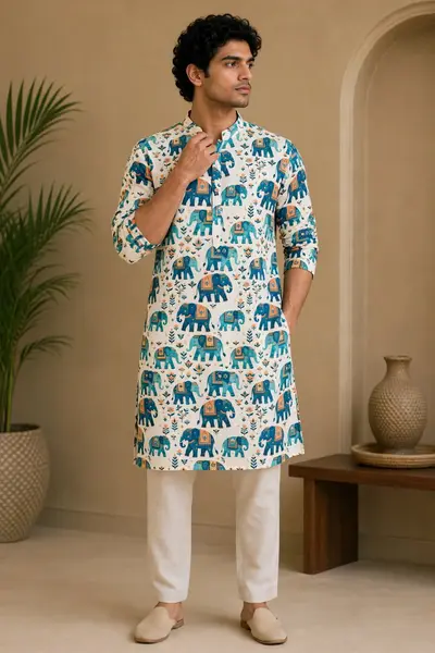 Teal Blue Elephant Print Blended Linen Kurta