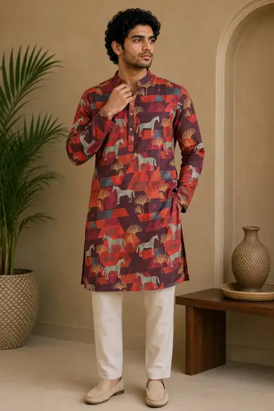 Burgundy Horse & Geometric Print Blended Linen Kurta