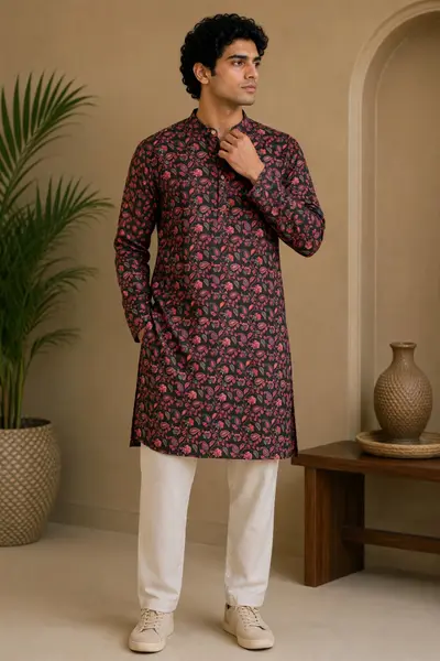 Black & Red Floral Print Blended Linen Kurta