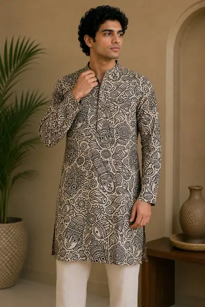 Beige Tribal Art Print Blended Linen Kurta