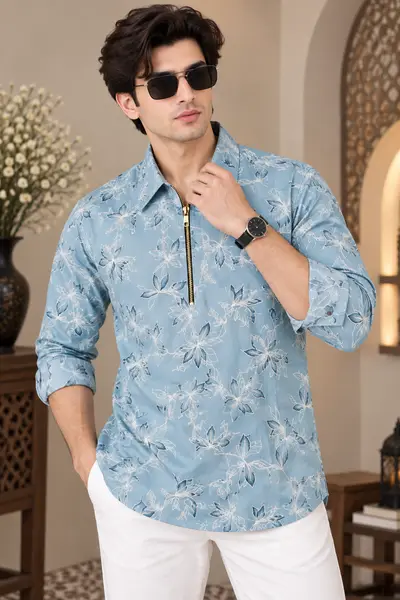 Sky Blue Floral Print Blended Linen Kurta
