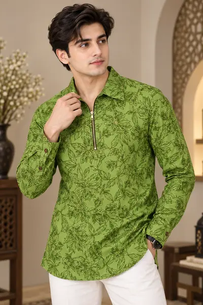 Lime Green Gold-Highlight Floral Print Blended Linen Kurta