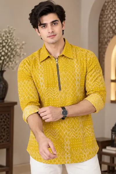 Mustard Yellow Diamond Geometric Print Blended Linen Kurta