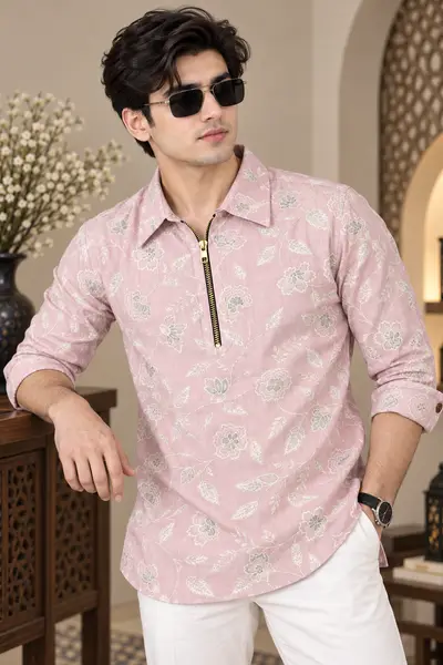 Dusty Pink Botanical Floral Print Blended Linen Kurta