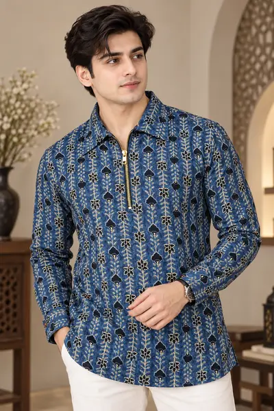 Indigo Blue Gold-Accent Floral Print Blended Linen Kurta