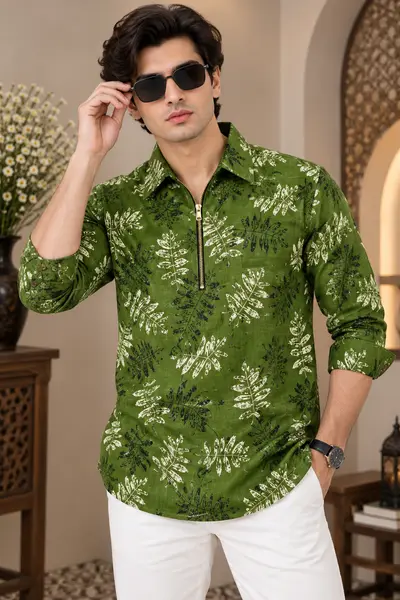Olive Green Pink Leaf Print Blended Linen Kurta