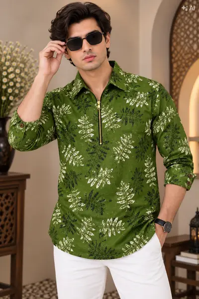 Forest Green Leaf Print Blended Linen Kurta