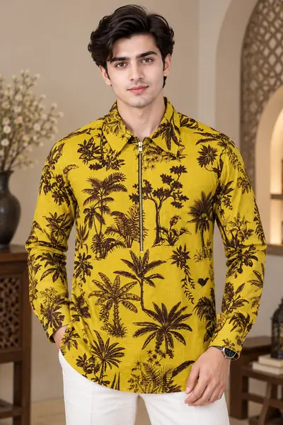 Mustard Yellow Tropical Palm Print Blended Linen Kurta