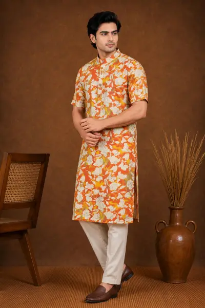 Rust Orange Vertical Stripe Traditional Motifs Blended Linen Kurta