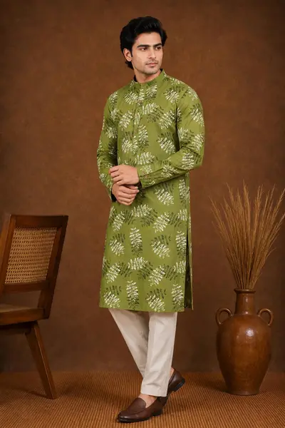 Olive Green Botanical Leaf Print Blended Linen Kurta