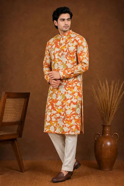 Rust Orange Vertical Stripe Traditional Motifs Blended Linen Kurta
