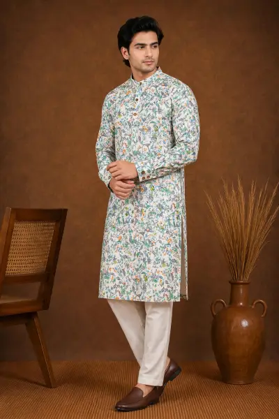 White Multicolor Botanical Floral Print Blended Linen Kurta