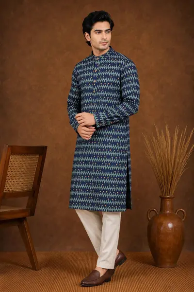 Navy Blue Wave and Dot Pattern Blended Linen Kurta