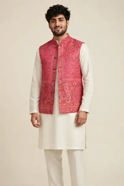 Vibrant Pink Jamawar Waistcoat