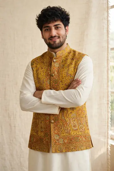 Golden Yellow Jamawar Waistcoat