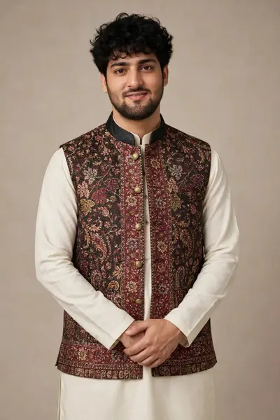 Deep Burgundy Jamawar Waistcoat