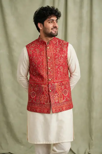 Classic Red Jamawar Waistcoat