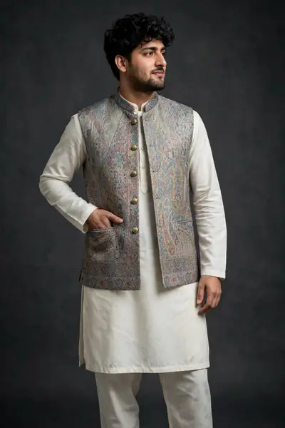 Multicolored Pastel Jamawar Waistcoat