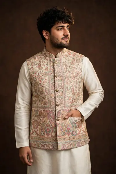 Ivory Cream Jamawar Waistcoat