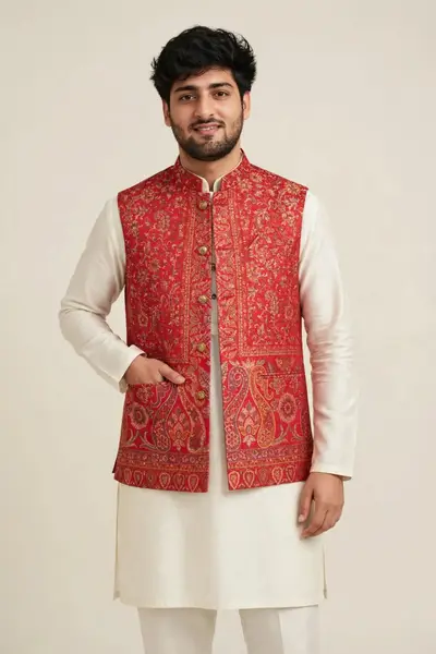Crimson Red Heritage Jamawar Waistcoat