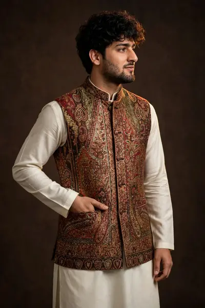 Antique Rust Jamawar Waistcoat