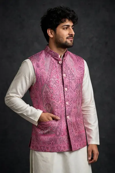 Rose Pink Jamawar Waistcoat