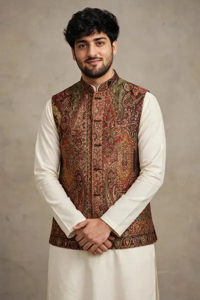 Royal Maroon and Gold Jamawar Waistcoat