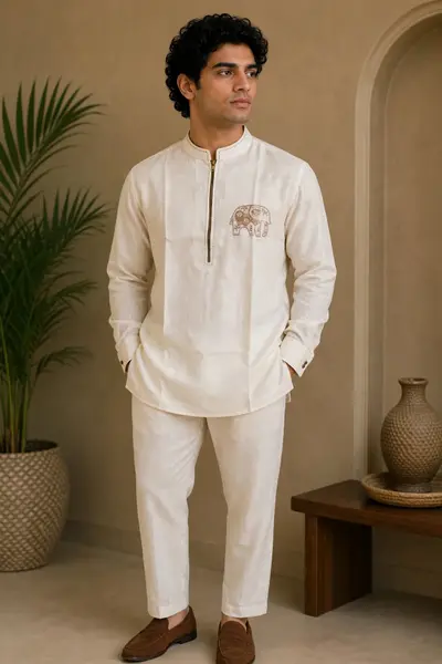 Cream Colour Linen Co-ord Set with Embroidered Motif.