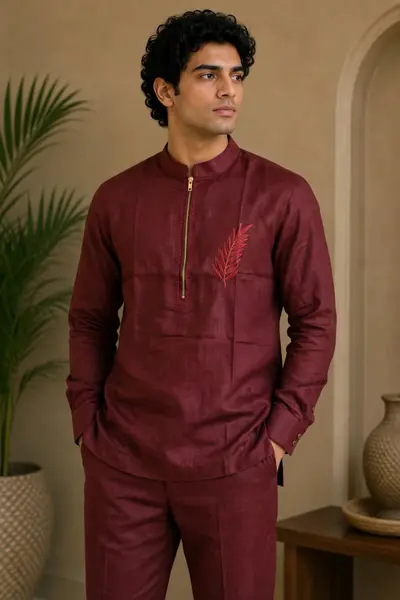 Maroon Linen Co-ord Set with Embroidered Motif.