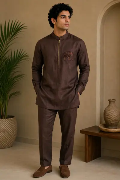 Brown Kurta with Embroidered Motif.