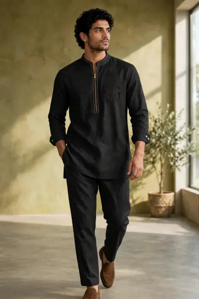 Black Elephant Linen Kurta