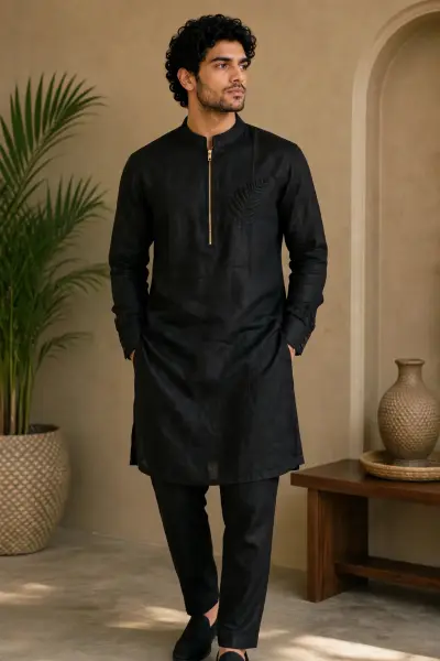 Embroidered Leaf Linen Kurta