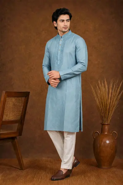 Sky Blue Embroidered Linen Kurta