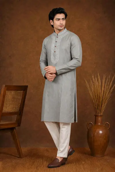 Muted Grey Embroidered Linen Kurta