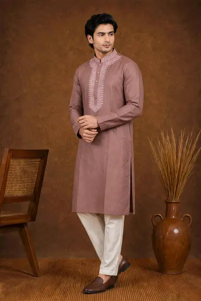 Mauve Embroidered Linen Kurta
