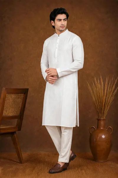 Pure White Embroidered Linen Kurta