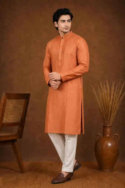 Terracotta Embroidered Linen Kurta