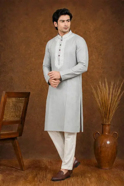 Light Silver Grey Embroidered Linen Kurta