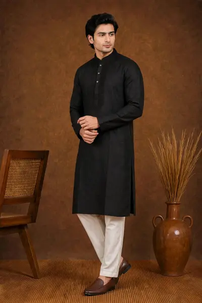 Classic Black Embroidered Linen Kurta