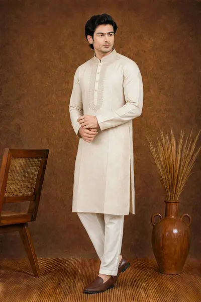 Beige Embroidered Linen Kurta