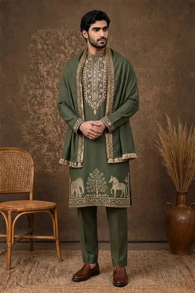 OLIVE MEHNDI GREEN Japanese Embroidered Kurta