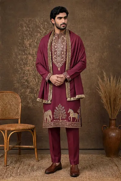 WINE BURGUNDY  Japanese Embroidered Kurta