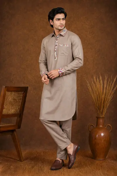 Taupe Beige Pathani Kurta Set