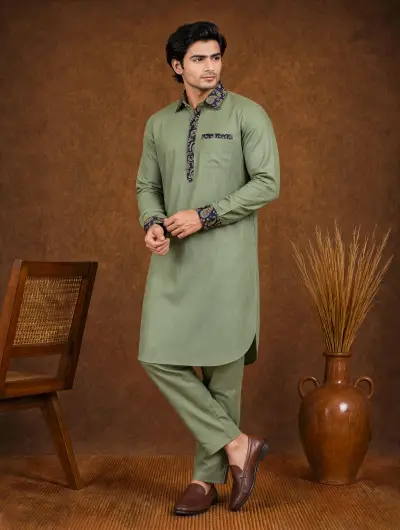 Sage Olive Green Pathani Kurta Set