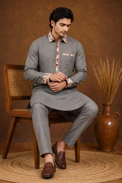 Ash Medium Grey Pathani Kurta Set